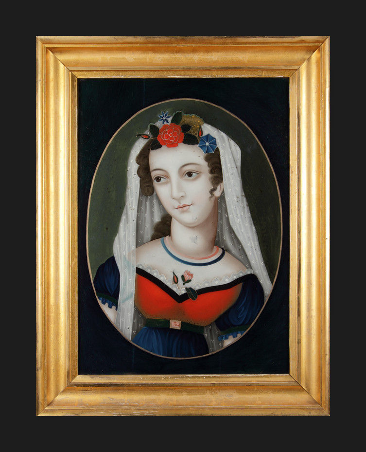 Chinese Export Reverse Glass Painting of an English Maiden
